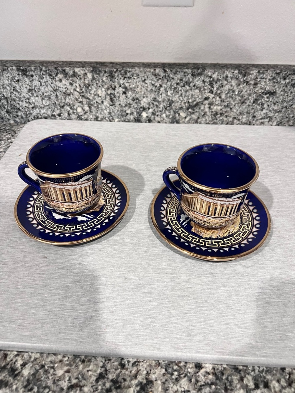 Greek Parthenon 24K Gold Cobalt Cup & Saucer Set 10 Pieces - Picture 13 of 15